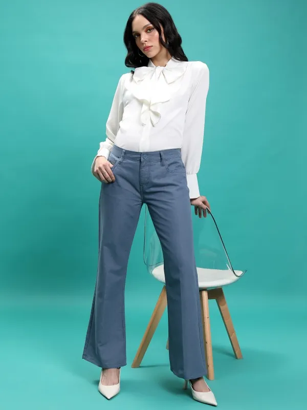  Tokyo Talkies Women Blue Solid Flared  Casual Trousers