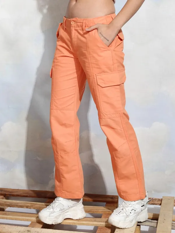 Tokyo Talkies Women Orange Solid Straight Fit Cargos