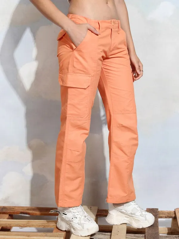 Tokyo Talkies Women Orange Solid Straight Fit Cargos