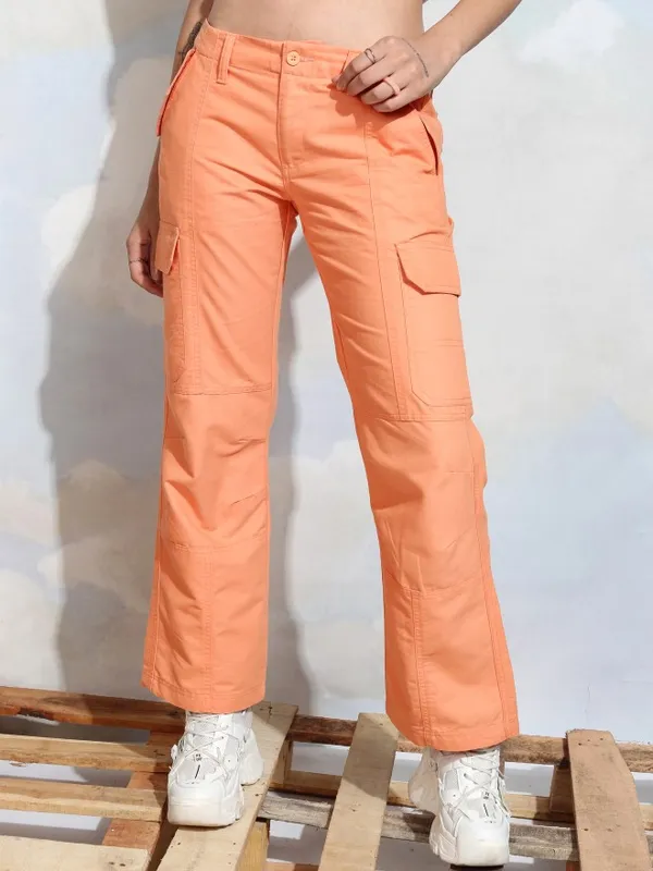 Tokyo Talkies Women Orange Solid Straight Fit Cargos