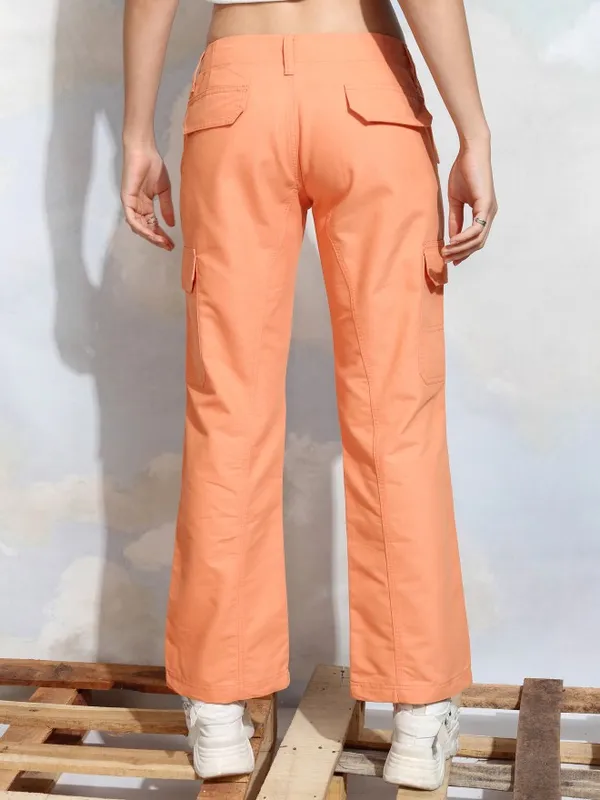 Tokyo Talkies Women Orange Solid Straight Fit Cargos