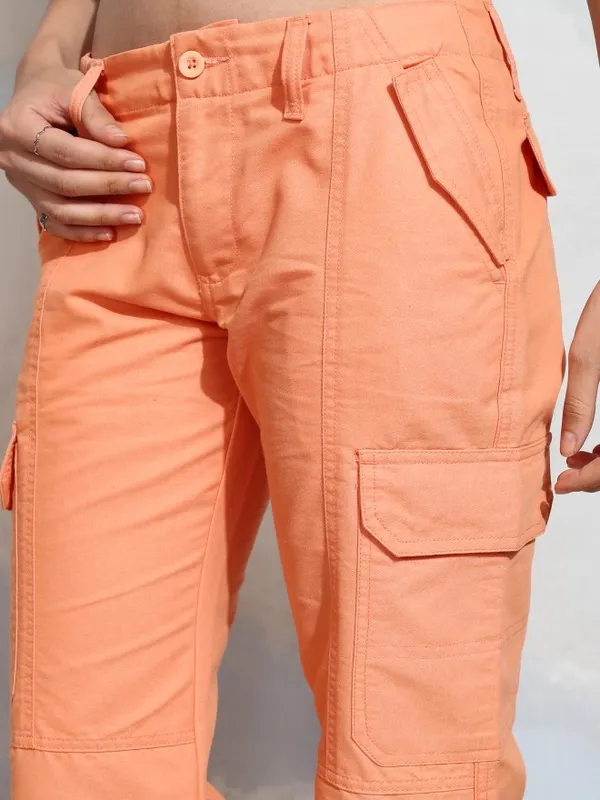 Tokyo Talkies Women Orange Solid Straight Fit Cargos
