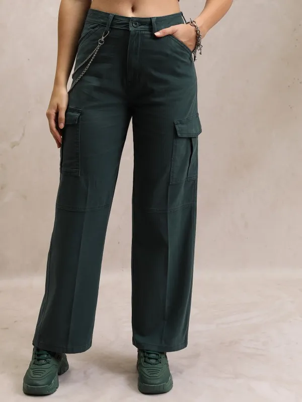  Tokyo Talkies Women Teal Solid Flared Casual Trousers