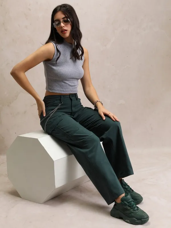  Tokyo Talkies Women Teal Solid Flared Casual Trousers