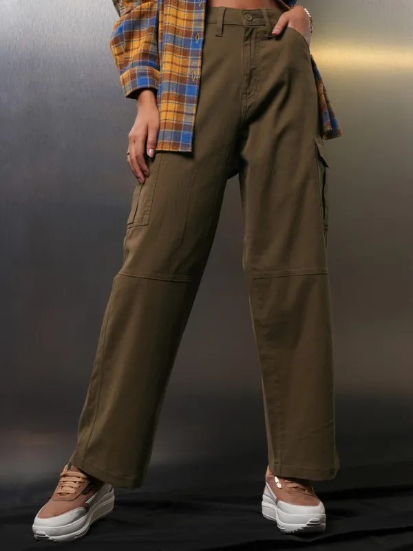Tokyo Talkies Women Brown Solid Wide Leg Cargos