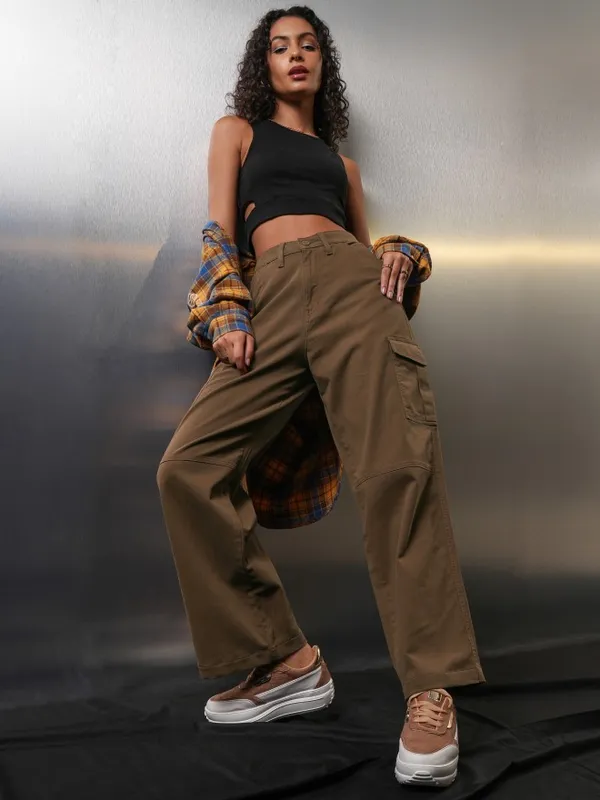 Tokyo Talkies Women Brown Solid Wide Leg Cargos