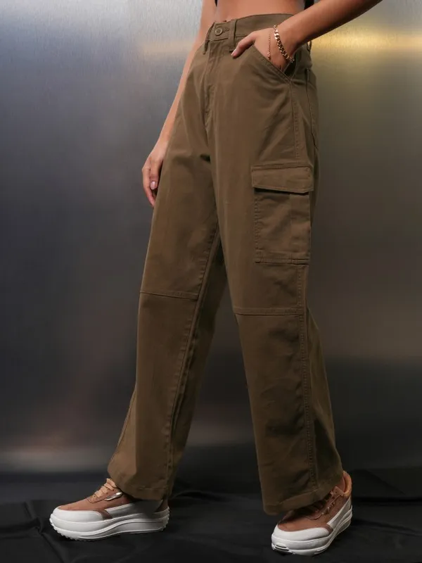 Tokyo Talkies Women Brown Solid Wide Leg Cargos