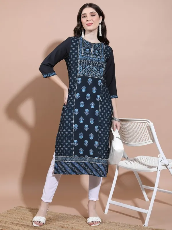  Vishudh Women Navy Blue Printed Straight Kurtas