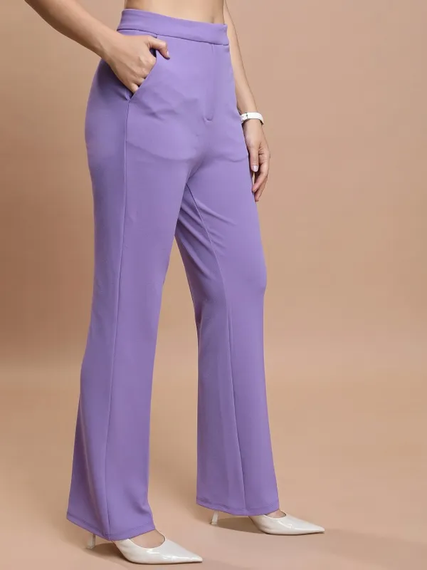  Ketch Women Purple Solid Regular Fit Casual Trousers