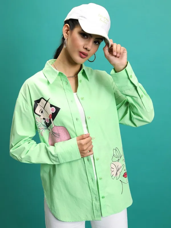  Tokyo Talkies Women Green Printed Casual Shirts