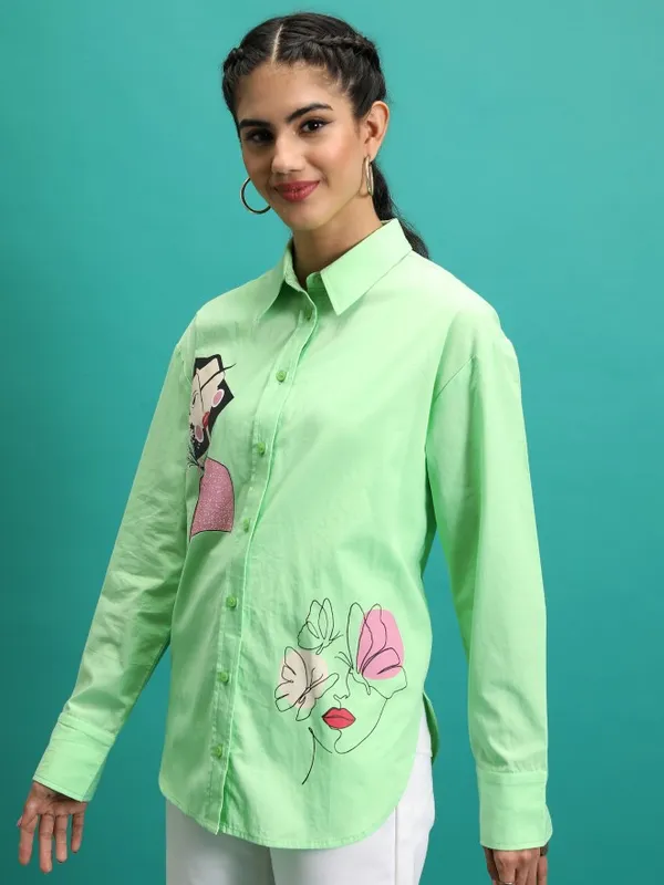  Tokyo Talkies Women Green Printed Casual Shirts