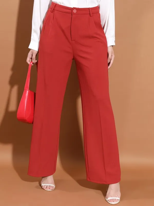  Ketch Women Red Solid Flared Casual Trousers