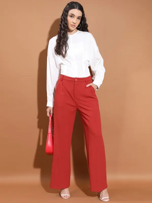  Ketch Women Red Solid Flared Casual Trousers