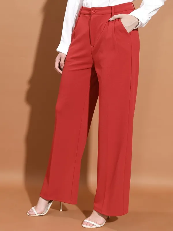  Ketch Women Red Solid Flared Casual Trousers