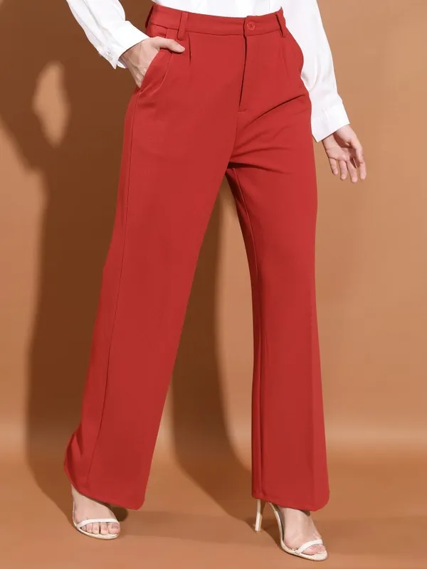  Ketch Women Red Solid Flared Casual Trousers