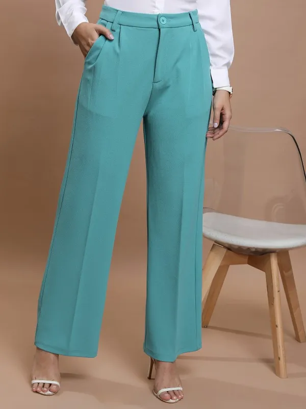  Ketch Women Sage Solid Flared Casual Trousers