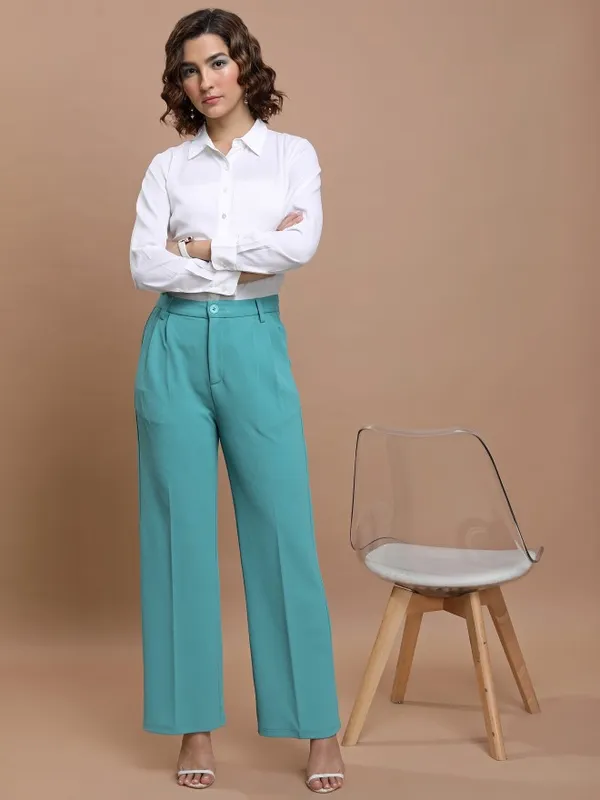  Ketch Women Sage Solid Flared Casual Trousers