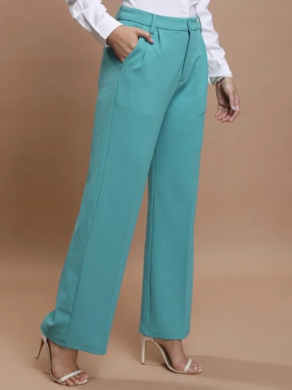  Ketch Women Sage Solid Flared Casual Trousers