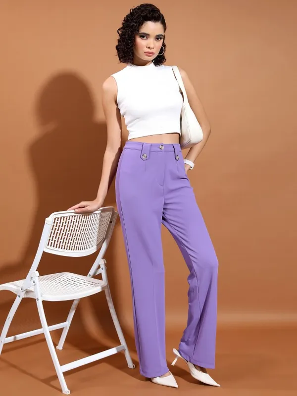 Ketch Women Purple Solid Straight Fit Casual Trouser