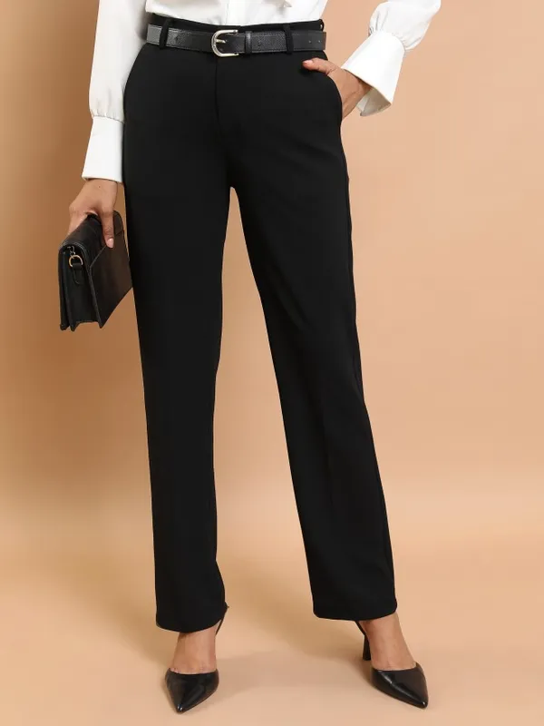 Ketch Women Black Solid Regular Fit Casual Trousers