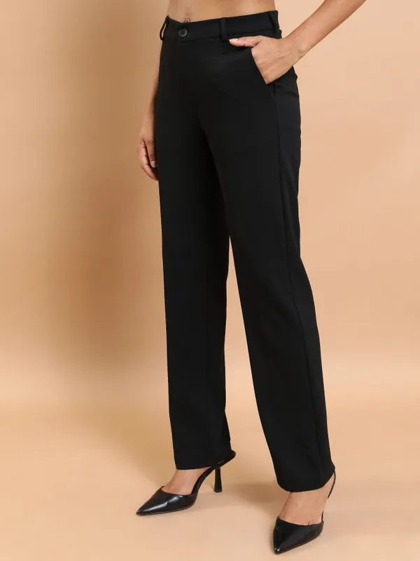 Ketch Women Black Solid Regular Fit Casual Trousers