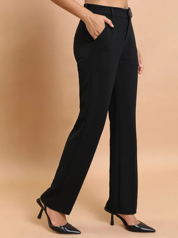  Ketch Women Black Solid Regular Fit Casual Trousers
