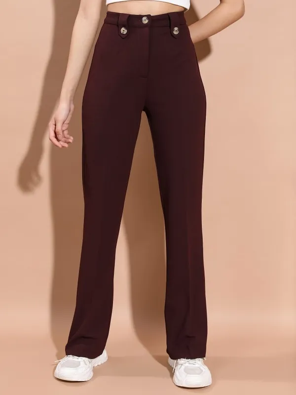  Tokyo Talkies Women Brown Solid Flared Casual Trousers