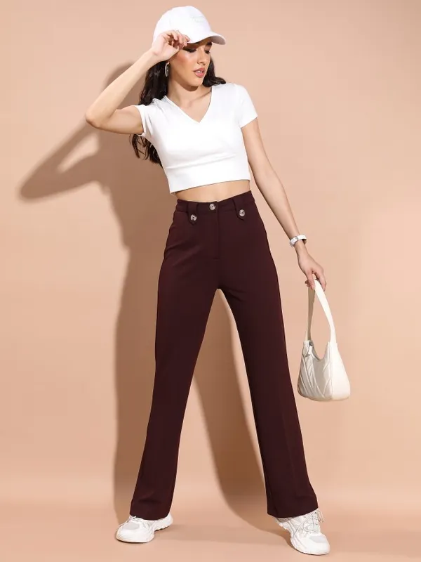  Tokyo Talkies Women Brown Solid Flared Casual Trousers