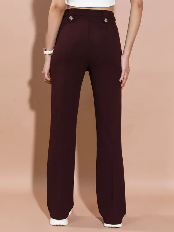  Tokyo Talkies Women Brown Solid Flared Casual Trousers