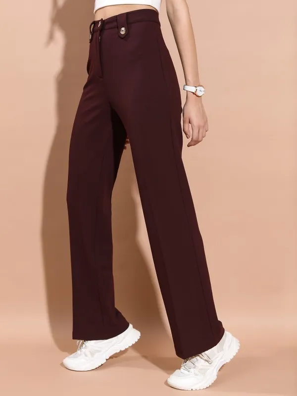  Tokyo Talkies Women Brown Solid Flared Casual Trousers