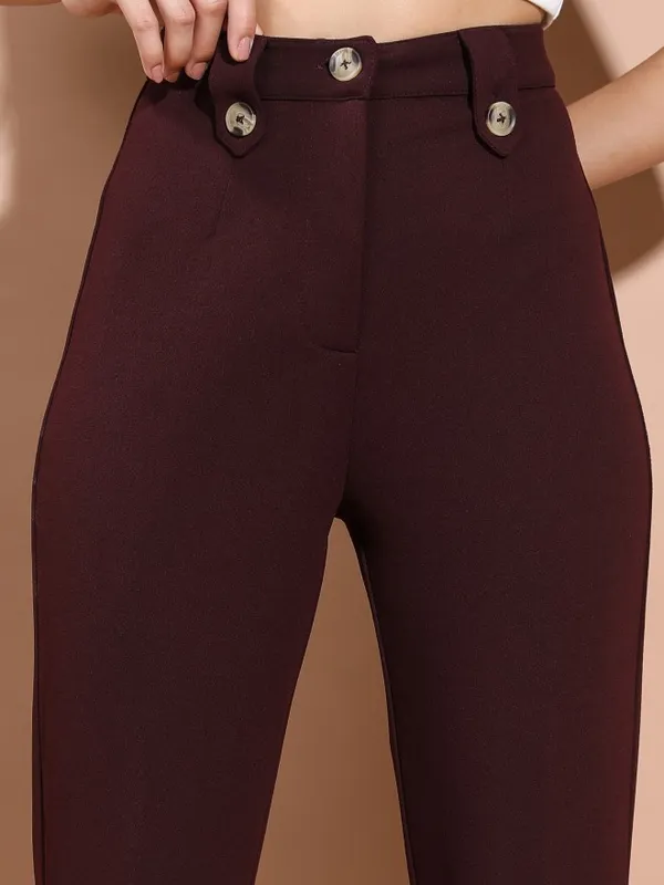  Tokyo Talkies Women Brown Solid Flared Casual Trousers