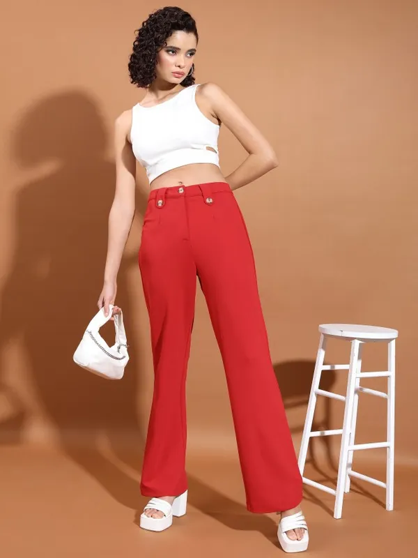  Tokyo Talkies Women Red Solid Flared Casual Trousers