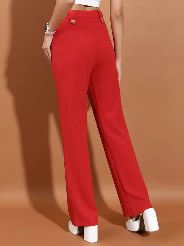  Tokyo Talkies Women Red Solid Flared Casual Trousers