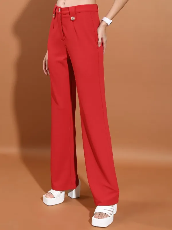  Tokyo Talkies Women Red Solid Flared Casual Trousers