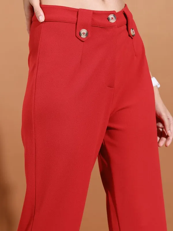  Tokyo Talkies Women Red Solid Flared Casual Trousers