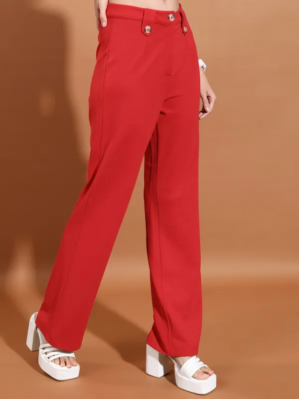  Tokyo Talkies Women Red Solid Flared Casual Trousers