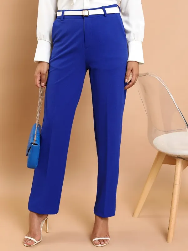  Tokyo Talkies Women Blue Solid Regular Fit Casual Trousers