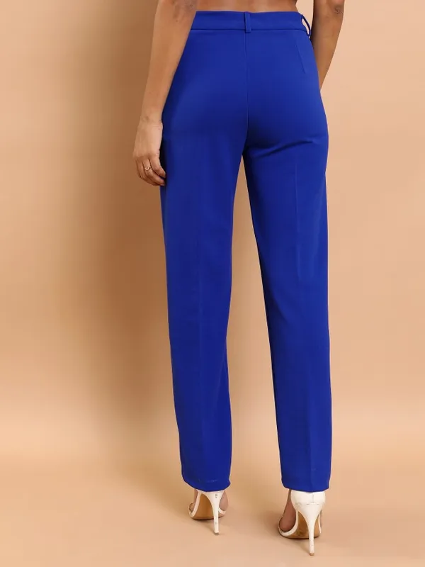  Tokyo Talkies Women Blue Solid Regular Fit Casual Trousers