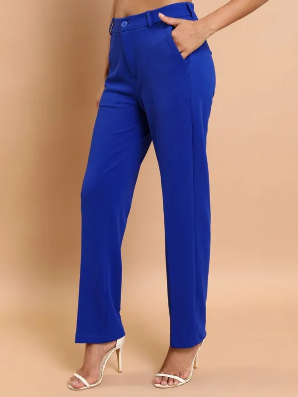  Tokyo Talkies Women Blue Solid Regular Fit Casual Trousers