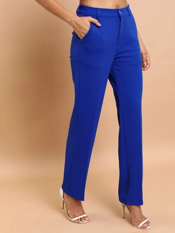  Tokyo Talkies Women Blue Solid Regular Fit Casual Trousers