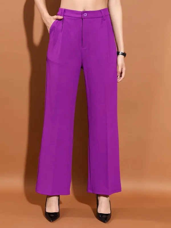 Tokyo Talkies Women Purple Solid Straight Fit Casual Trouser