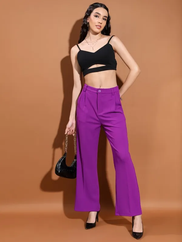 Tokyo Talkies Women Purple Solid Straight Fit Casual Trouser