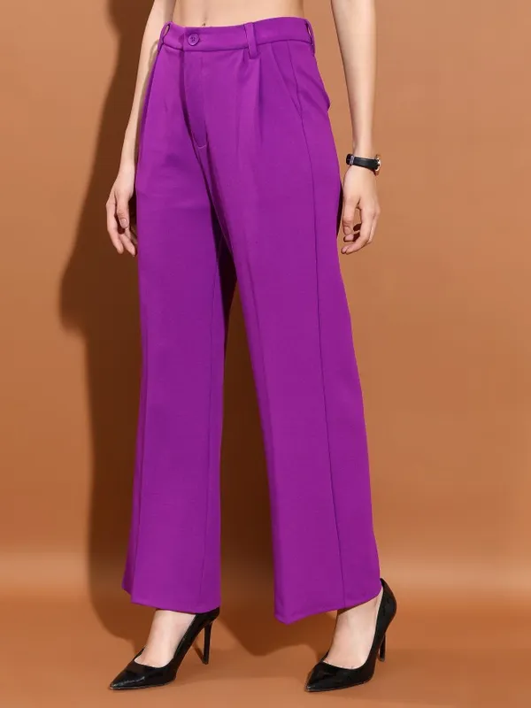 Tokyo Talkies Women Purple Solid Straight Fit Casual Trouser