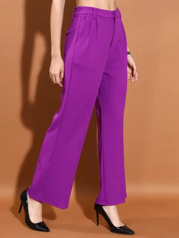 Tokyo Talkies Women Purple Solid Straight Fit Casual Trouser