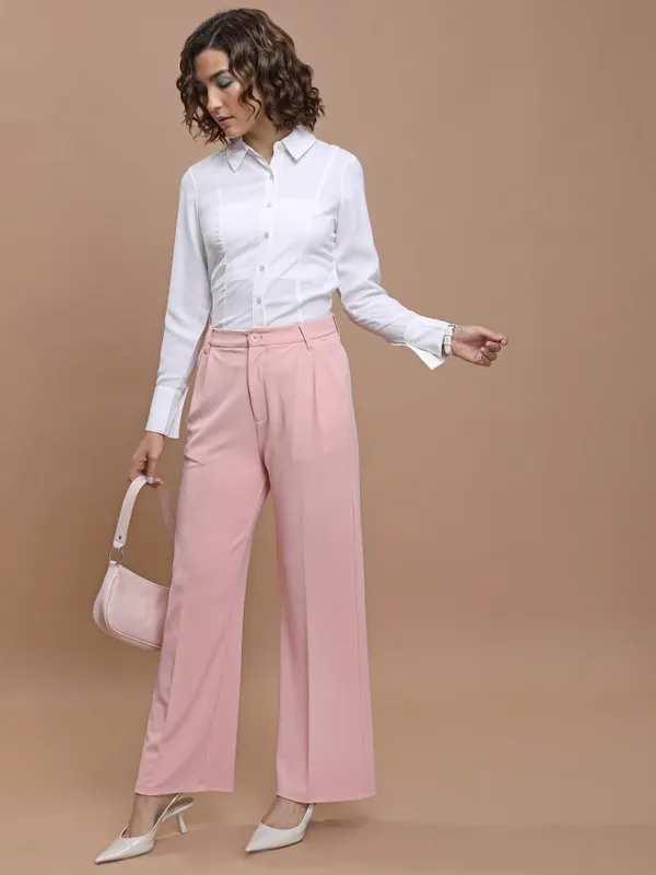 Tokyo Talkies Women Pink Solid Straight Fit Casual Trouser