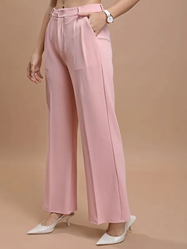Tokyo Talkies Women Pink Solid Straight Fit Casual Trouser