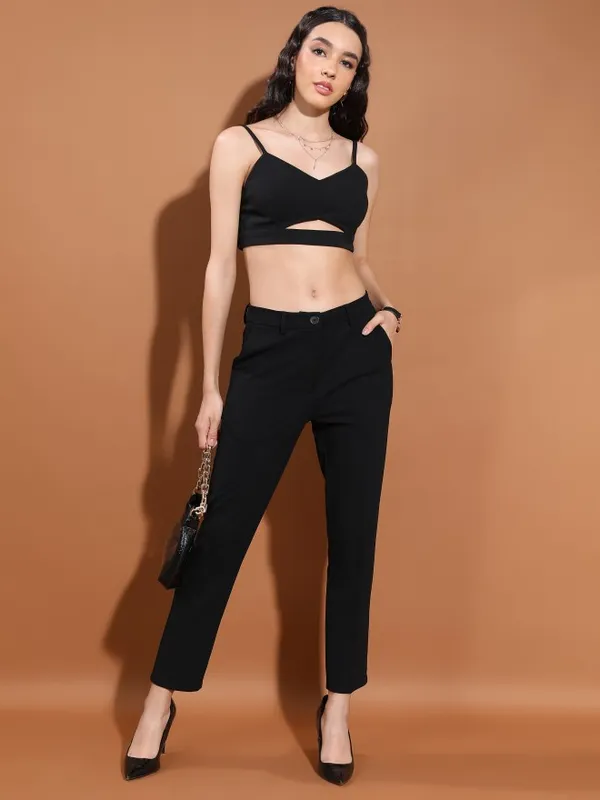  Tokyo Talkies Women Black Solid Regular Fit Casual Trousers