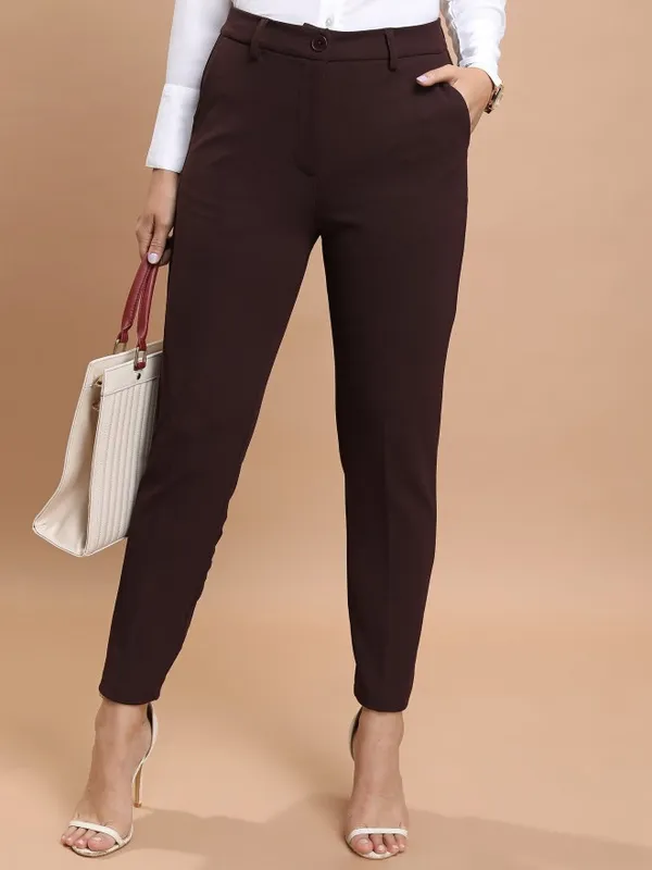  Tokyo Talkies Women Brown Solid Regular Fit Casual Trousers