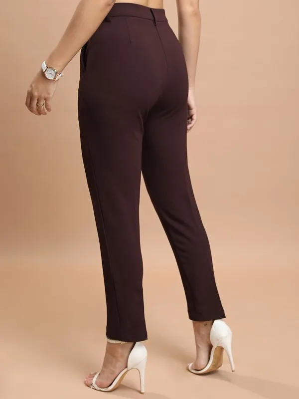  Tokyo Talkies Women Brown Solid Regular Fit Casual Trousers