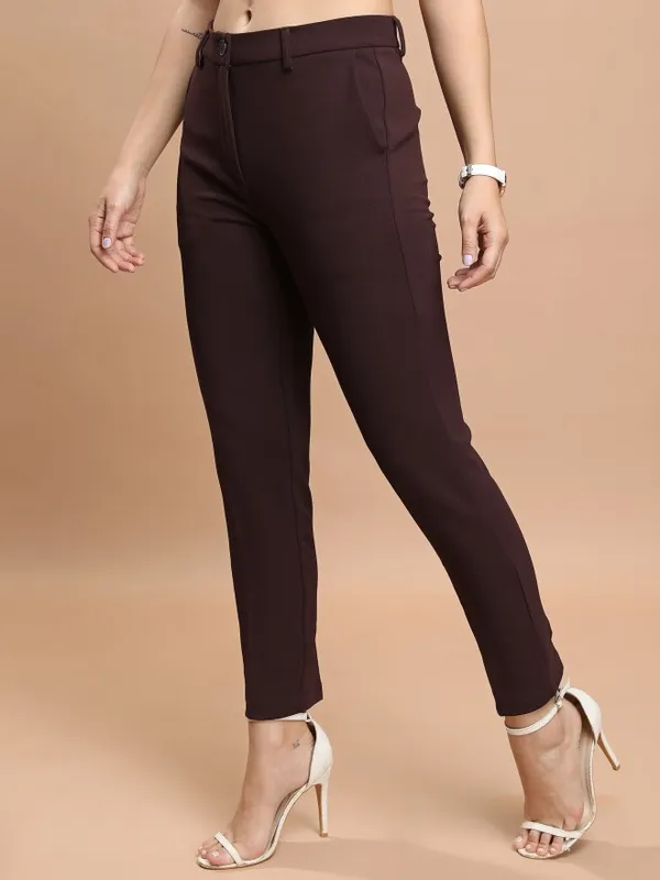  Tokyo Talkies Women Brown Solid Regular Fit Casual Trousers